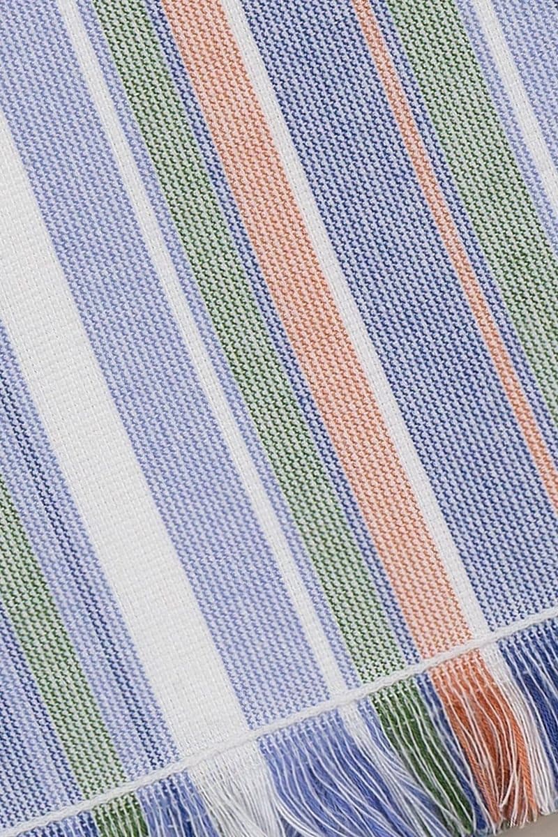 Close-up van de fijne strepen in blauw, groen, oranje en wit
