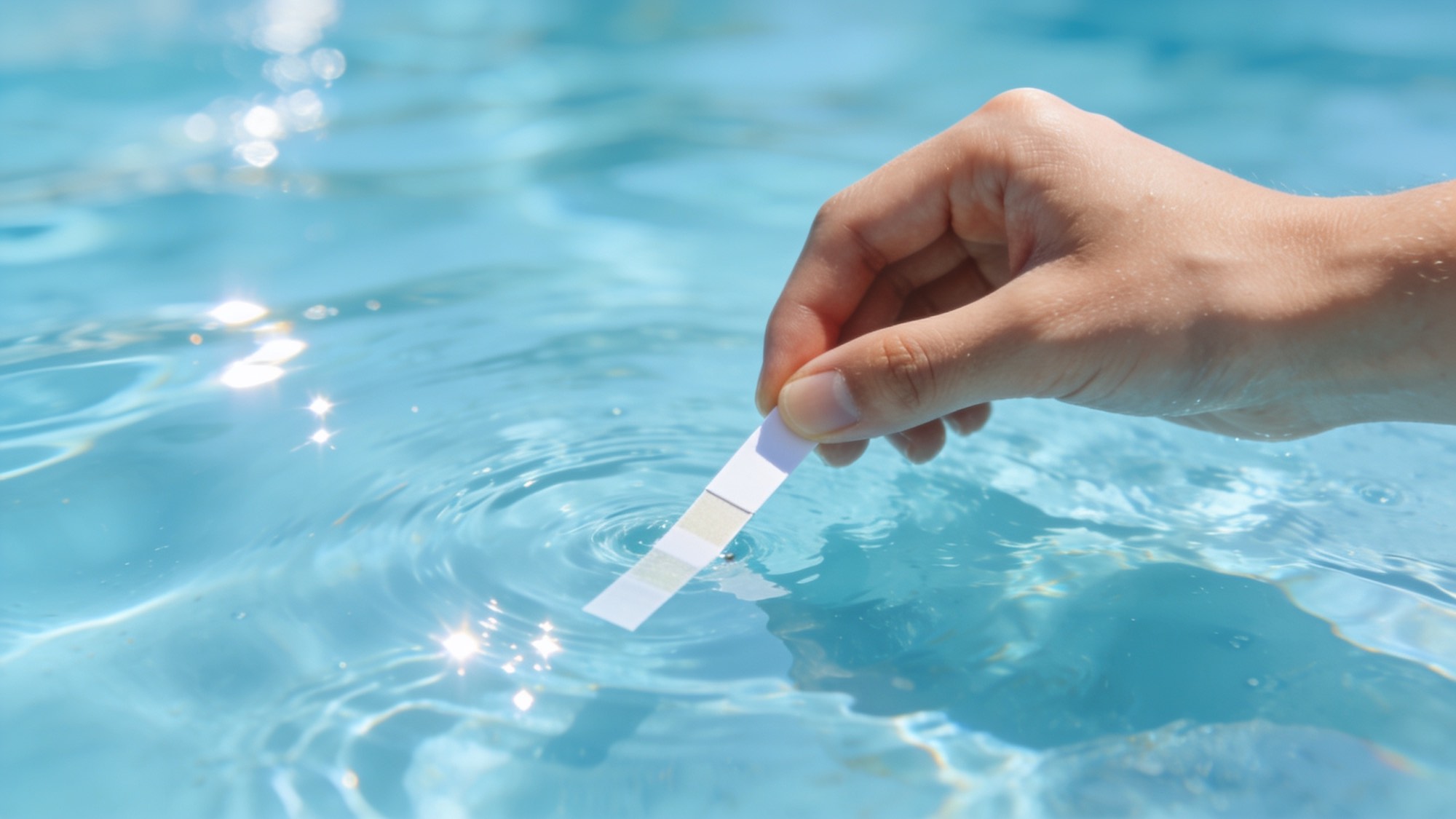 Handen nemen een waterstaal boven kraakhelder, zonovergoten zwembadwater