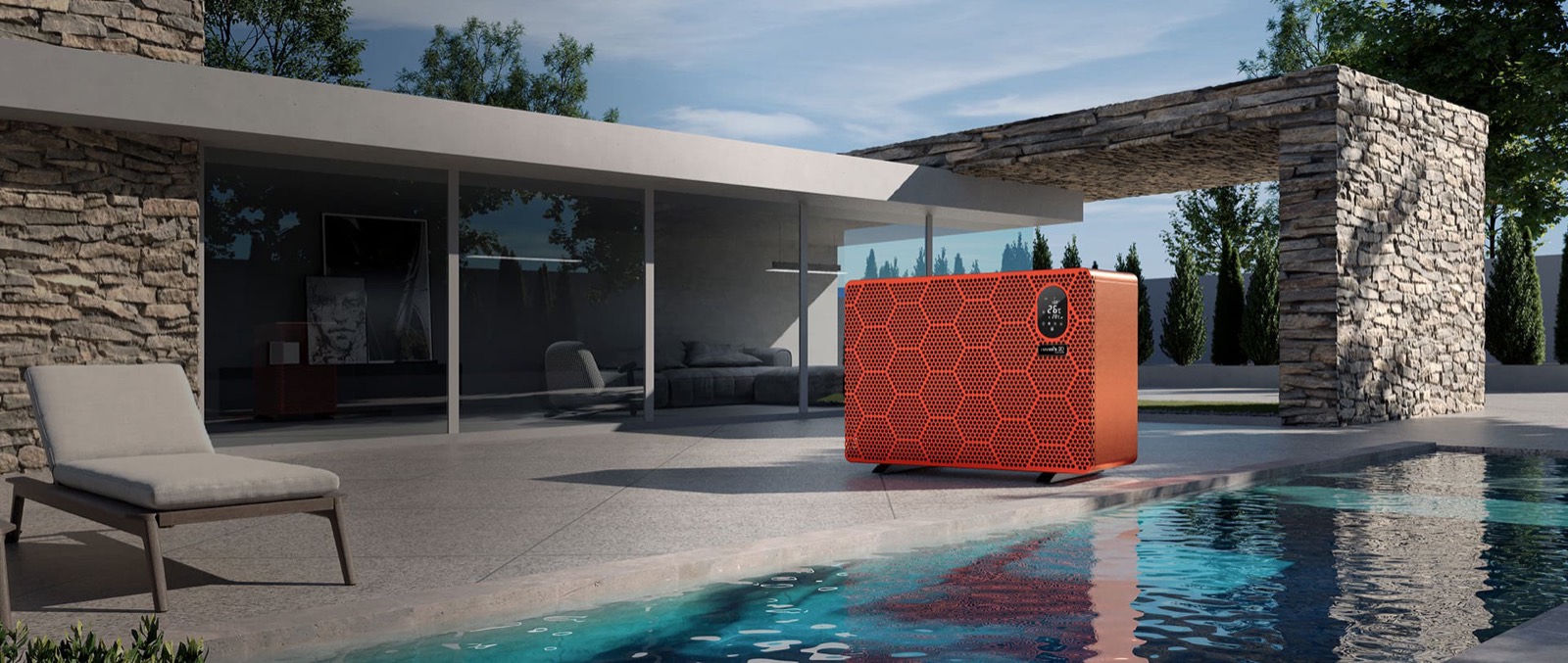 Full-inverter-warmtepomp opgesteld naast een verwarmd buitenbad