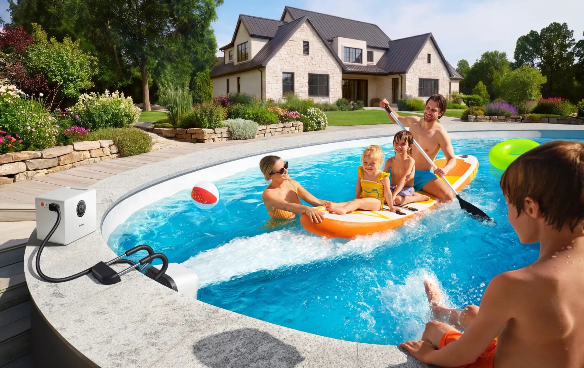 De witte SwimJet hangt met de beugels over de badrand terwijl een gezin in het bad speelt